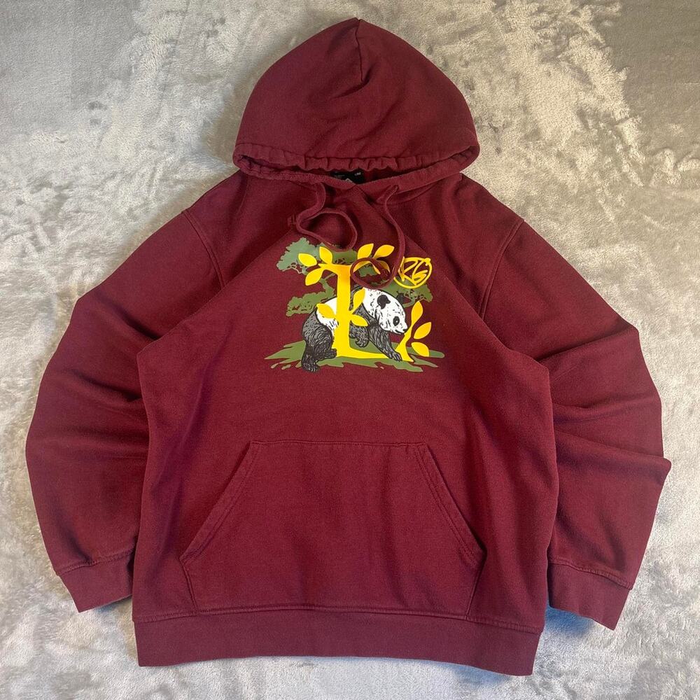 Y2K LRG Hoodie Large Burgundy Panda Graphic Pullover Skater